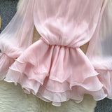MQTIME  -  Summer New 3D Floral Beach Short Dress Female Long Sleeves Lace Up Ruffle Chiffon Cake Sundress Sheer Sexy Bohemian Vestidos