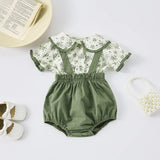 MQTIME  -  Summer baby girls short-sleeved suspenders suit lapel full print floral short-sleeved top + suspenders shorts 2-piece set