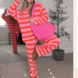 MQTIME  -  Women's Striped Suit Autmn Casual Long Sleeved Sweater Pullovers + Wide Leg Pants with Pockets Home Pajamas 2 Piece Sleepwear