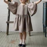  MQTIME  -  Summer Retro Linen Loose Flared Sleeve Dress Girls New Solid Color Cotton And Linen Casual Back Bow Tie Princess Dresses