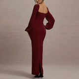 MQTIME  -  Sexy Stylish Lantern Sleeve Wrap Hips Dress Elegant Solid Color High Waist Party Dress Lady Commute Simple Lace Up Maxi Dresses