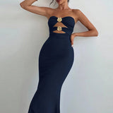 MQTIME  -  Trendy Skinny Metal Buckle Hollow Out Party Gown Sexy Strapless Twist Solid Evening Dress Elegant Lady Sleeveless One-piece Robe