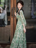 MQTIME  - Women's Vintage Floral Print V-Neck Dress Female One-Piece Clothes French Lady A-Line Elegant Chic Maxi Dresses New 2024