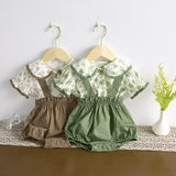 MQTIME  -  Summer baby girls short-sleeved suspenders suit lapel full print floral short-sleeved top + suspenders shorts 2-piece set