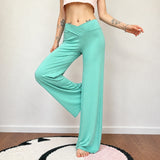  MQTIME  -  Women's Elastic Waisted Wide Leg Pants V-Cross Front Design Casual Solid Micro Flared Full Length Trousers All Match Bottoms Chi