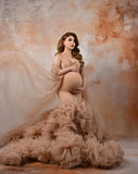 MQTIME  -  Luxury Nude Tulle Maternity Dress Photoshoot Mermaid Voluminous Ruffle Train Maternity Photoshoot Baby Shower Dresses with Shawl