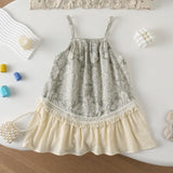 MQTIME  -  Spring Children Girls 2PCS Clothes Set Loose Floral Print Spliced Tassel Kids Girls Sling Dress Suits Girl Lace Undershirt