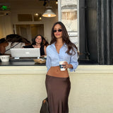 MQTIME  -  French Relaxed Cropped Shirt Light Blue Backless Tie-up Blouse Women Button Down Tops Casual Chic Female Minimalist Streetwear