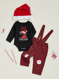 MQTIME  -  Toddler Boy Holiday Outfit Set with Letter Print Romper Plaid Suspender Pants and Matching Hat - 3 Piece Christmas Ensemble