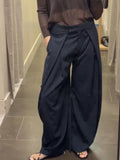 MQTIME  -  Fashion Stripe Pleated Wide Leg Pants For Women Casual Pockets High Waist Long Trousers Autumn New Lady Pants High Street