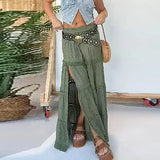 MQTIME  -  Fashion Split Pleated Loose Long Skirts Sexy Lace Splicing Design Half-body Skirt Women Elegant Elastic Waist Solid Swing Skirt