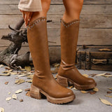  MQTIME  -  Retro Brown Thick Bottom Long Riding Boots Women Winter Comfort Platform Thick Heel Western Cowboy Boots Knee High Booties