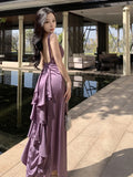 MQTIME  -  Summer Purple Satin Backless Long Dress Elegant Women Sexy V-neck Bodycon Dresses Ladies Vintage Evening Party Dress Vestidos