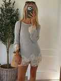 MQTIME  -  Lace Trim Women Short Suit Round Neck Sheer Layers Knitted Top Solid Elastic Waist Shorts Beach Vacation Daily Suits For Ladies