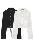  MQTIME  -  Elegant Women's Polka Dot Short Tulle Shirt Summer Lapel Long Sleeve Hem Drawstring Translucent Top Female Street Blouse