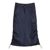 MQTIME  -  Double Drawstring Pocket Skirt Women 2024 Summer New Fashion Hot Girl Casual Pleated Skirts Women High Waist Slit Midi Skirt
