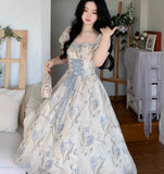 MQTIME  -  Women Ruffles Casual Korean Fairy Dress Female Summer Lace-up Vacation Party Dress Elegant Vintage Floral Midi Dress