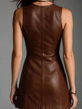 MQTIME  -  Leisure Hollow Out Commute Dress Vintage PU Leather Sleeveless Slim Mini Dress Sexy V-neck Backless High Waist Party Short Dress