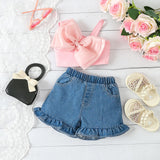 MQTIME  -  2Piece Summer Baby Clothes Toddler Girl Outfits Set Korean Fashion Big Bow Tops+Denim Shorts Children Boutique Clothing