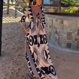 MQTIME  -  Women Retro Geometric Holiday Summer Dress Elegant Tie-up V-Neck Loose Female Party Dress 2025 Half Sleeve Long Dress Mujer