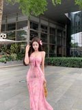 MQTIME  -  Women Dress Sexy Sleeveless Slash Neck Blooming Slim Floral Printed Bow Backless Hollow Out Elegant Party Dresses Ladies