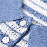 MQTIME  -  Y2K Women Summer Polo Shirt Blue White Contrast Striped Short Sleeve Knitted Blouse Cardigan Casual Commuter Hollow Tops
