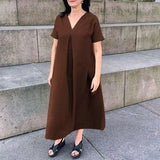 MQTIME  -  Women 2025 Patchwork Loose Office Dress Elegant Short Sleeve Pocket Long Dress Simple Solid Cotton Linen V-Neck Pullover Dress