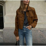 MQTIME  -  Women Brown Suede Leather Jacket Vintage Lapel Single Breasted Long Sleeve Pocket Slim Outerwear Spring Lady Chic Top 2025
