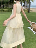MQTIME  -  Casual Women's Pleated Cake Sundress Summer Vacation New Beige Sleeveless Temperament Elegant Round Neck Fashion Vest Dresses