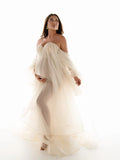 MQTIME  -  Fairy Sheer Tulle Maternity Photoshoot Dresses Puff Sleeves Long Train Pregnancy Dress Off Shoulder Sweetheart Maternity Robe