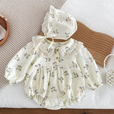 MQTIME  -  New Spring Infant Baby Bodysuits+Hat Long Sleeved Cotton Floral Printing Newborn Baby Girl Jumpsuit Baby Girl Clothing