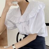 MQTIME  - Korean Style Female Shirts Summer Minimalist Navy Collar Ruffle Stripe Blouse Loose Single Breasted Short Bubble Sleeve Tops