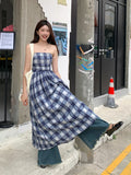 MQTIME  -  Vintage Plaid Dress Women Sexy A Line Midi Dresses Korean Split Slash Neck Slim Sundress Vestidos