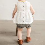  MQTIME  -  Girls Retro Mori Cotton And Linen Tank Top Summer New Back Buttons A-Line Ruffled Hem Kids Blouse Casual Linen Sleeveless Tops