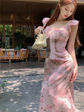 MQTIME  -  Bowtie floral V-neck flying sleeve dress for women summer pink gentle long dress slim waist A-line Dress