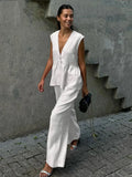 MQTIME  -  Fashion Solid Elastic Waist Wide Leg Loose Pants Suit Women Sleeveless Off Shoulder Ruffles Deep V-neck Top Sets New Street Wear