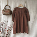  MQTIME  -  French Round Neck Pleated Cotton Crepe Muslin Dress Girls Autumn New Casual Loose Retro Brown Children's Dresses