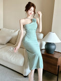 MQTIME  -  Korean Elegant Party Sleeveless Midi Dresses for Women Summer New Bodycon Backless Split Evening Birthday Female Clothing