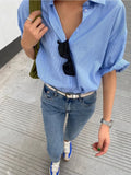 MQTIME  -  Blue Striped Short Sleeved Shirt For Women'S Summer New Minimalist And Versatile Style, Slim And Loose Collar Shirt