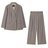 MQTIME  -  Women Casual Solid Suit Long Pants Sets Or Female Fashion Double-Breasted Lapel Blazers Coat Or Lady Chic Wide Leg Trousers