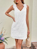 MQTIME  -  Summer Lace Dress V Neck Sleeveless Boho Cotton Dress Embroidery Hollow Out Lace-up Vestidos Lose Fit Robe Femme Été