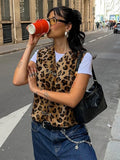 MQTIME  -  Leopard Print Pin Vest For Women V-Neck Sleeveless Fashion Hot Girl Cardigan Top Female Autumn New Slim Fit Short Vest