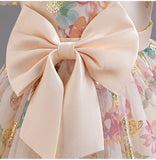 MQTIME  -  Flower Print Girls' Dress New Princess Bubble Sleeves Big Bow Gown Kids Sweet Dresses Children Casual Mesh Dress 1-5 Years