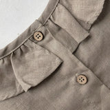 MQTIME  -  Summer Cotton Linen Ruffled Crew Neck Girls Dress New Casual Loose Ruched Back Wooden Buttons Short Sleeve Linen Dresses