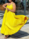 MQTIME  -  Summer High Waist V Neck Casual Sleeveless Dress Pleated Spaghetti Strap Dresses New Relaxed Sexy Maxi Beach Women Dress