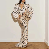 MQTIME  -  Fashion Temperament High Waist Maxi Dresses Polka Dot Printed Satin Banquet Dress Women Elegant V-neck Long Sleeved Spring Dress