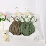 MQTIME  -  Summer baby girls short-sleeved suspenders suit lapel full print floral short-sleeved top + suspenders shorts 2-piece set