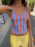  MQTIME  -  Women Blue Red Vertical Stripe Halter Tank Top U Neck Ruched Slim Crop Clothes Lady Summer Beach Vacation Casual Outfit