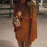 MQTIME  -  Elegant Hollow Out Sequins Short Dresses Fashion Solid Bag Hips Evening Dresses Sexy Deep V-neck Flared Long Sleeve Mini Dresses