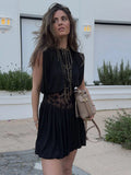 MQTIME  -  Vintage Lace Patchwork Women's Party Dresses Chic Pleated Round Neck Short Sleeveless Female A-line Robe Hollow Out Lady Vestido